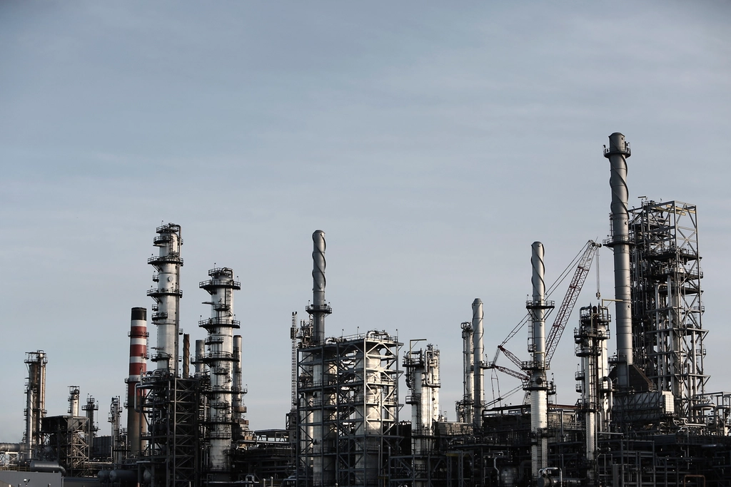 Refinery columns and process units against the sky