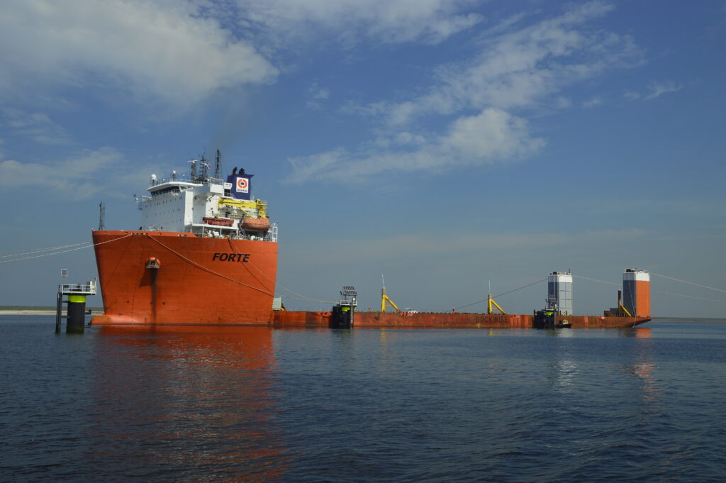 Heavy-lift ship carrying cargo at sea